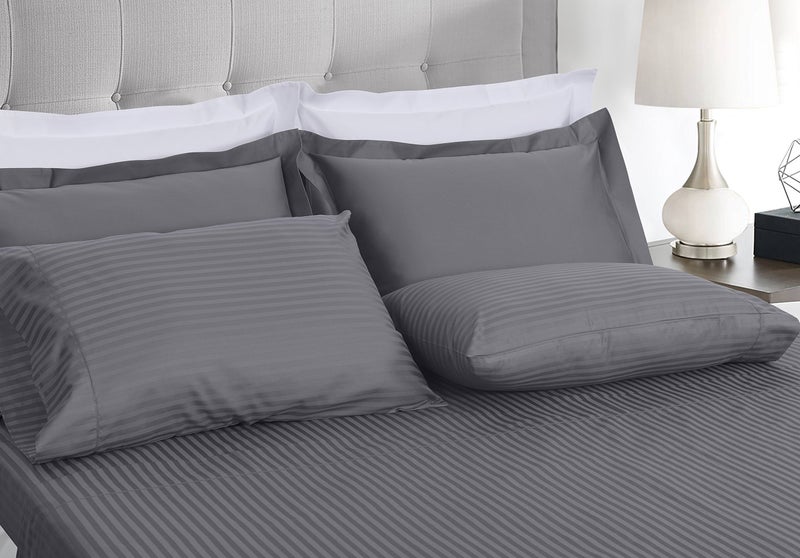 Threadmill 100% Cotton Sheets for Full Size Bed - 600 Thread Count Full Bed Sheets Set with 16â€ Deep Pocket - Damask Stripe Sateen Weave 4-Piece Bedding Set with Cooling Effect, Dark Grey - Image 2